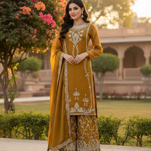 Ensemble haut de gamme en soie JMC avec dupatta, broderie détaillée et travail de sequins - Product Image 1
