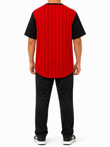 Maillot de baseball rouge et noir à rayures fines, 14, manches courtes, boutons sur le devant, uniforme d'équipe personnalisé, coupe régulière pour adulte - Product Image 3