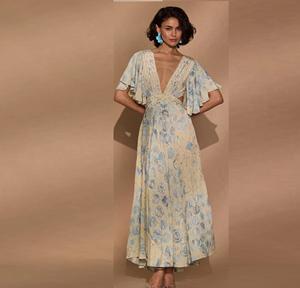 Robe longue maxi pour femme à col en V profond avec nœud à nouer dans le dos, imprimé floral, style bohème fluide, avec manches volantées, assortiment varié - Product Image 1