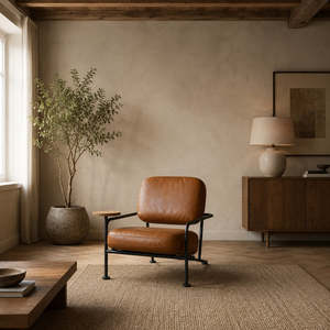 Fauteuil lounge en cuir marron cognac de luxe avec structure en métal noir et table d'appoint intégrée pour salon, mobilier d'hôtel - Product Image 2