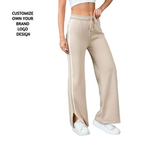 Vêtements pour femmes Vêtements décontractés Pantalon de survêtement noir Ceinture élastique Jambe large évasée Pantalon de fitness pour femmes actives à rayures blanches - Product Image 5