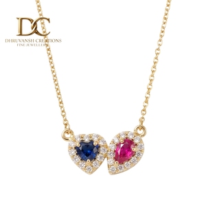 14KT <b>Solid</b> Yellow <b>Gold</b> Necklace <b>Pendant</b> with Lab Grown Diamond and Lab Grown Pink Tourmaline and Blue Sapphire Women's Jewelry - Product Image 1
