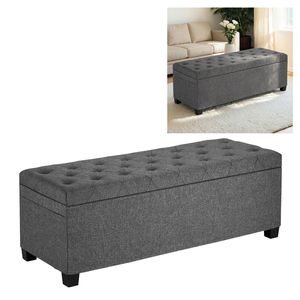 Panca contenitore moderna con bottoni trapuntati, struttura in metallo, rivestimento in lino, con vano contenitore a ribalta per la camera da letto e l'arredamento domestico - Product Image 1