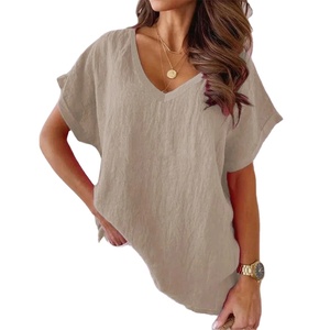 Camisetas de primera calidad, Camiseta de algodón, camisetas de manga corta para mujer, camisetas holgadas de verano de Color sólido con cuello en V, color blanco - Product Image 1