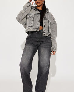 Chaqueta Corta de Mezclilla con Capucha para Mujer, Estilo Clásico Casual, Elástica, Ecológica, Reversible, Manga Larga, Cuello con Capucha, Primavera Invierno - Product Image 5