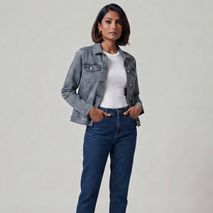 Veste en jean pour femme à manches longues, col rabattu, avec poche poitrine, boutonnée - Product Image 1