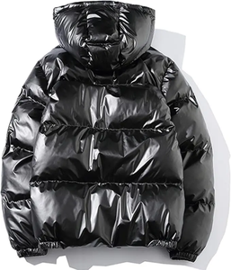 Blouson matelassé noir à capuche pour homme – Chaud, épais, style décontracté, coupe-vent, fermeture éclair, couleur unie, coupe ample - Product Image 1