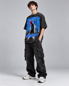 เสื้อยืดเดนิมสีดำทรงโอเวอร์ไซส์สำหรับผู้ชาย Thorfin พิมพ์ลายตัวอักษรด้านหลัง สไตล์สตรีท แขนสั้น คอกลม ผ้าฝ้ายฟอกทรงพอดีตัว - Product Image 5