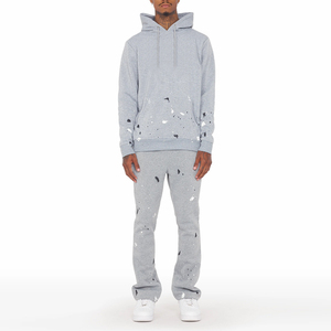Ensemble de survêtement gris à capuche 100 % coton, sweat-shirt et pantalon à manches longues avec imprimé dégradé, poches latérales, coupe classique, tenue décontractée pour l'automne - Product Image 1