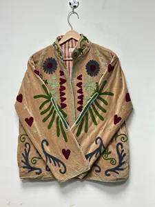 Women Khaki <b>Velvet</b> Suzani Embroidered <b>Jacket</b> with Floral Pattern Full Sleeve Stand Collar Bohemian Women's Autumn Outerwear - Product Image 2