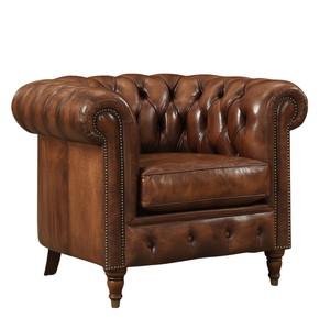 Fauteuil en cuir brun vintage de luxe avec pieds en bois, fauteuil d'appoint de style mid-century, canapé simple pour salon - Product Image 2