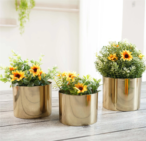 Modern Brass Planter Pot Circular Design Minimalist Indoor Planters for <b>Desk</b> Decor Smooth Plated Finish Set of 2 - Product Image 6