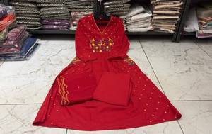 Women Cotton Viscose Anarkali Kurta Pant Dupatta Set Embroidered Ethnic Outfit V Neck Party <b>Wedding</b> Wear Summer Autumn Winter - Product Image 2