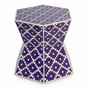 Taburete Artesanal con Incrustaciones de Hueso Negro, Patrón Floral, Mesa Auxiliar Redonda Cilíndrica para Decoración Moderna de Sala de Estar - Product Image 2