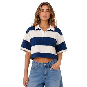 Polo court rayé de rugby à manches courtes pour femme, coupe ample et décontractée, style vintage, impression DTG, fournisseur OEM - Product Image 1