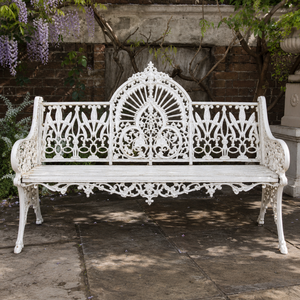 White Cast Iron Garden <b>Bench</b> Ornate Victorian Sunburst Back Outdoor Patio Lawn Seating Decorative Furniture Premium Style - Product Image 3