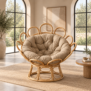 Sillón Papasan de Ratán Natural con Cojín Acolchado, Asiento Decorativo de Estilo Boho Contemporáneo para Sala de Estar - Product Image 1