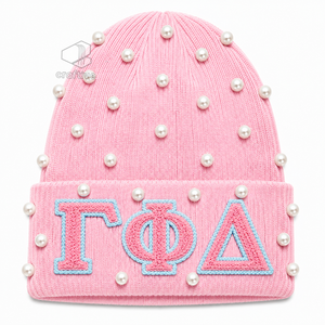 Gorro de Punto con Perlas Rosadas para Mujer de la Hermandad Gamma Phi Delta, Gorro Casual de Invierno con Letras Griegas Bordadas en Chenilla - Product Image 1