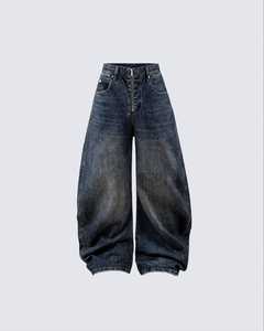 Jean pour femme taille mi-haute, coupe large, en denim délavé, écologique, imperméable, couleur unie, en coton, coupe droite, longueur intégrale - Product Image 1