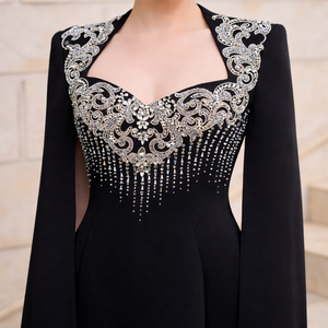 Robe maxi élégante à manches cape |   Robe de soirée longue de luxe |   Robe de invitée de mariage modeste avec cape fluide - Product Image 6