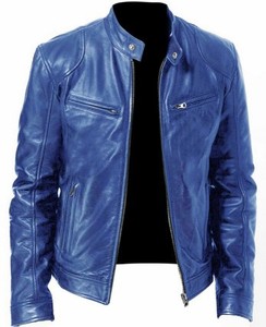 Veste de moto pour homme SASPORTS LEAGUE en cuir PU bleu respirant, col montant, fermeture éclair, coupe classique, couleur unie, hiver - Product Image 4