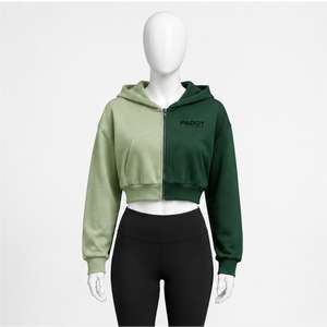 Sudadera corta con cremallera de dos tonos y bloques de color personalizada al por mayor para mujer, de forro polar, para gimnasio, ropa deportiva, estilo urbano, con patchwork - Product Image 1