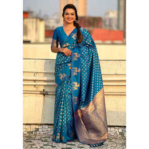 Sari de seda suave azul Elite Weaves con doble bordado Zari y borde de ciervo, elegantes vestidos de club - Product Image 5