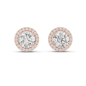 Pendientes de lujo de oro y platino con halo de diamantes redondos brillantes, con piedra central y engaste pavé en forma de U para mujer - Product Image 1