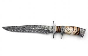 Couteau utilitaire robuste à lame fixe, personnalisé, avec garde en acier Damas à motif Sub Hilt, fabrication artisanale, pointe tombante, segments d'os foncés - Product Image 6