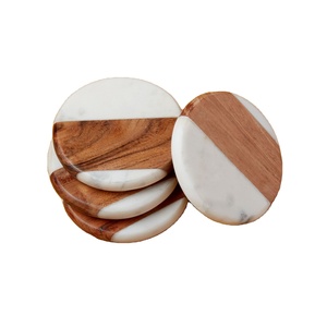 Durable Round White <b>Marble</b> <b>Coasters</b> with Wooden Holder Organic Design Tabletop Decorative Kitchen Stone Mat - Product Image 1