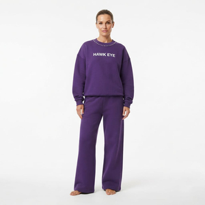 Ensemble de survêtement deux pièces pour femme de haute qualité avec sweat-shirt à col rond à manches longues orné de strass et pantalon large, broderie personnalisée - Product Image 2
