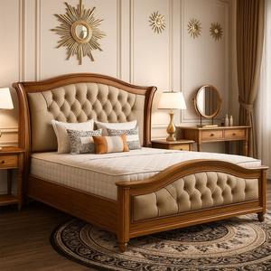 Lit en bois massif antique, luxueux et minimaliste, lit double, grand lit avec dossier souple en teck - Product Image 2