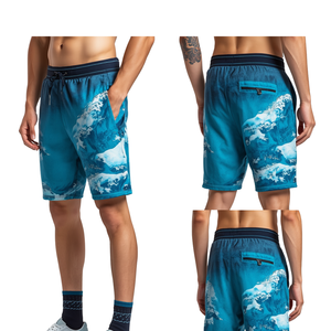 Shorts de bain pour homme Kain, imprimé vagues bleues, taille mi-haute, cordon de serrage, séchage rapide, style décontracté, tissu tissé, avec poches - Product Image 4