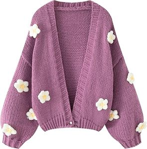 Cardigan tricoté violet à col en V avec appliques de fruits, manches ballon, pull décontracté pour femme, manches longues, couleur unie - Product Image 4