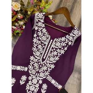 BORDADO HILO RAYON MODA TRABAJO KURTI CON PALAZZO MARRÓN - Product Image 5