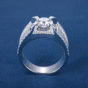 Anillo de compromiso moderno con diamante cultivado en laboratorio de corte brillante redondo, forma cuadrada, engaste de cuatro puntas tipo catedral, esquinas afiladas. - Product Image 5