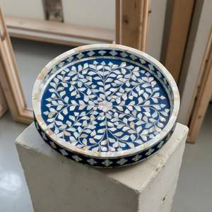 Round Large 16 Wood Luxury Eco-Friendly Floral Handmade Serving <b>Tray</b> Home Decor Great Gift Item - Product Image 5