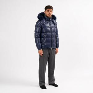 <b>Men's</b> Navy Blue <b>Hooded</b> Puffer Jacket with <b>Fur</b> Trim Windproof Breathable Down Filled Zipper Front Casual Winter <b>Coat</b> Loose - Product Image 3