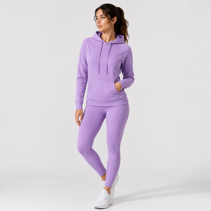 Sweat-shirt à capuche violet pour femme, couleur unie, en coton et fibre de bambou, polaire, manches longues, longueur normale, vêtements de sport d'automne - Product Image 1