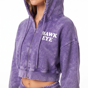 Manufacturer Women's Acid Wash Fleece Hoodie And <b>Wide</b> <b>Leg</b> <b>Jogger</b> Set Full Zip Crop Top Long Sleeve Casual Wear Two Piece - Product Image 3