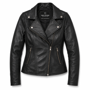 Blouson de motard en cuir de vachette véritable noir Flashback pour femme, fermeture éclair, col ouvert, couleur unie, coupe-vent d'automne - Product Image 1