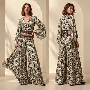 <b>Women</b> <b>Boho</b> Geometric Print V Neck Bell Sleeve Maxi <b>Dress</b> High Waist Loose Casual Floor Length Outfit - Product Image 1