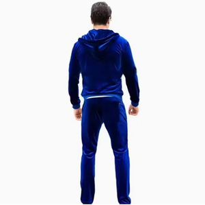 Men Blue Velvet Tracksuit Full Zip Hooded <b>Jacket</b> and Jogger Pants Casual Two Piece Set Solid Color Breathable Polyester Autumn - Product Image 6