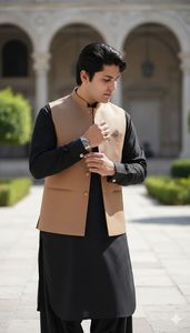 <b>Men's</b> Traditional Cotton <b>Kurta</b> With Beige Waistcoat For Wedding India Pakistan Style Regular Fit Floor Length Adult Wear - Product Image 4