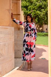 Vestido Maxi con Estampado Floral, Cuello Alto, Manga Larga, Corte en A, Chifón, Casual, Holgado, Transpirable, con Dobladillo Plisado, Cómodo para Primavera - Product Image 5