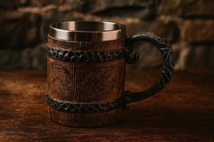 Jarra de Cerveza de Madera Premium con Revestimiento de Acero Inoxidable, Jarra Vikinga Hecha a Mano, Estilo Barril Rústico, para Cerveza o Café - Product Image 6