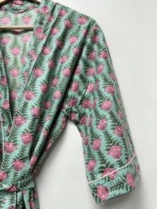 Women's Handmade Cotton Floral V-neck <b>Kimono</b> Robe Long Sleeve <b>Belted</b> Eco-Friendly Breathable Pockets Summer Sleepwear Resort - Product Image 3