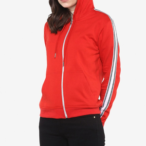 Custom <b>Women's</b> <b>Red</b> <b>Zip</b> <b>Up</b> <b>Hoodie</b> Side Striped Sleeve Full <b>Zip</b> Sweatshirt Tonal Drawstring Athletic Sportswear Top Wholesale OEM - Product Image 2