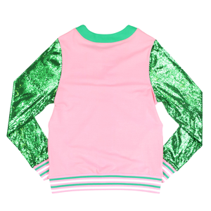 เสื้อคาร์ดิแกนปักเลื่อมสีชมพูเขียว แบรนด์ AKA  แบบติดกระดุม  แขนเสื้อวิบวับ  แฟชั่นแจ็คเก็ตผู้หญิง  ทันสมัย  ชุดเก๋ไก๋ - Product Image 2