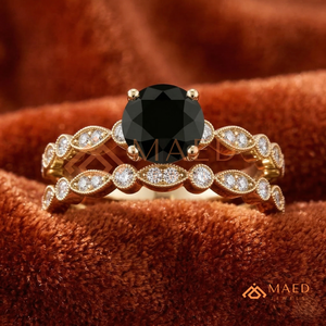 Bridal <b>Set</b> 2ct Round Black Moissanite Engagement <b>Ring</b> and Matching Band Vintage Marquise Dot Milgrain Band 14K <b>gold</b> <b>ring</b> - Product Image 1
